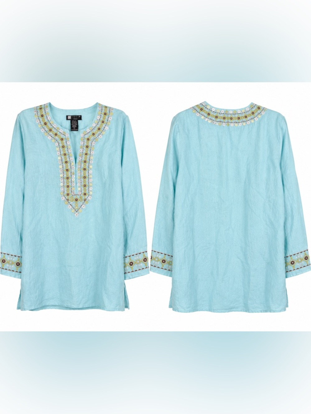 Carole Little 1X 100% Linen Embroidered Tunic Top Boho Aqua Beaded EUC - Picture 2 of 4